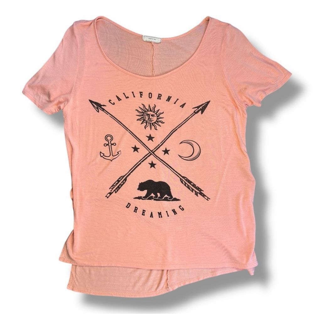 Aran's Den Graphic California Dreaming Pink Peach Tee with Black Print Sz L